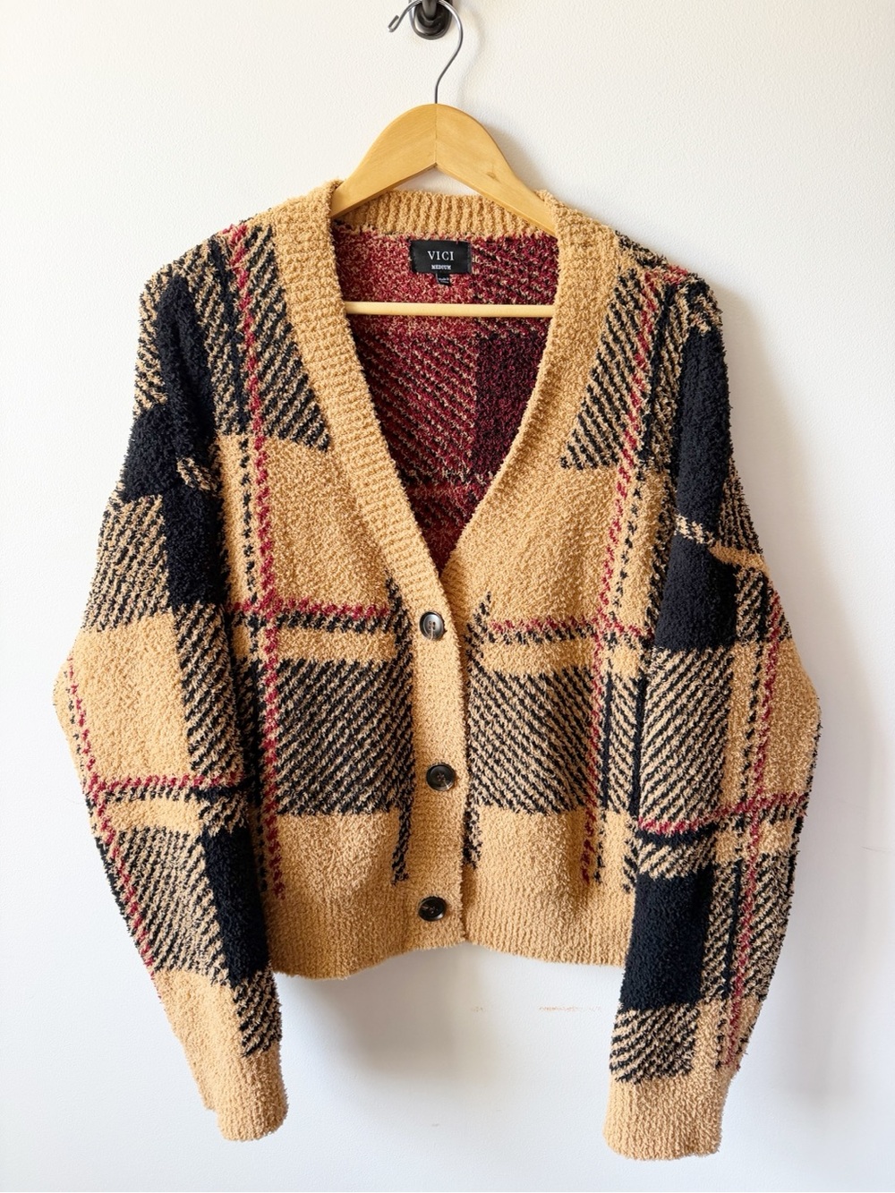 VICI Camel Plaid Button-Up Cardigan with Black & Red Accents